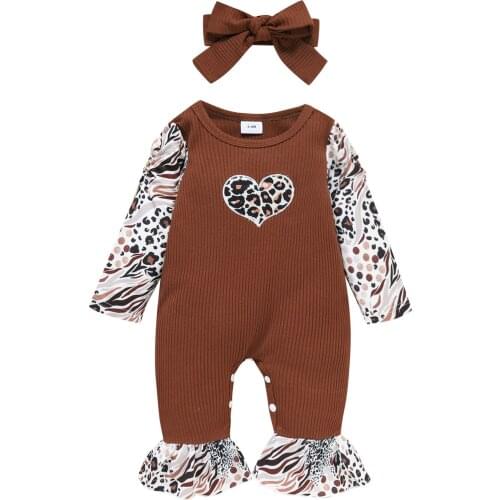 2Pcs Baby Girls Boys Outfit Creative Zebra Leopard Print Splicing Long Sleeve Round Collar Jumpsuit Headwear Set