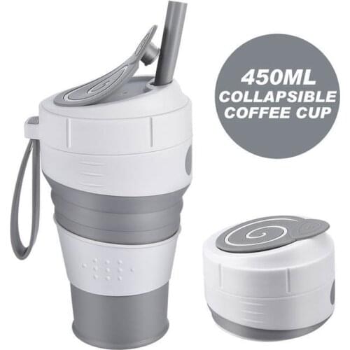 450ml Travel Cups Collapsible Silicone Cup With Sippy Folding Squeeze Water Bottles Coffee Drinking Mug Camping Hiking BPA Free