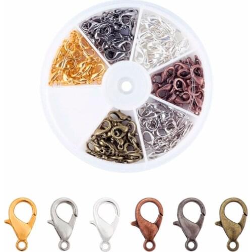 6 Color Zinc Alloy Lobster Claw Clasps, Mixed Color, 12x6mm, Hole: 1.5mm; about 20pcs/compartment, 120pcs/box