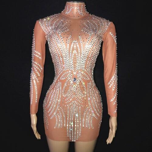 Silver Rhinestones Transparent Mini Dress Shining Dancer Prom Performance Outfit Evening Birthday Celebrate Costume