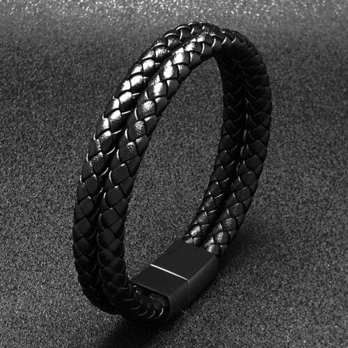 Trendy Genuine Leather Bangle Men Stainless Steel Double Layer Braided Rope Bracelet for Male Wristband Hand Jewelry Gift SH184H