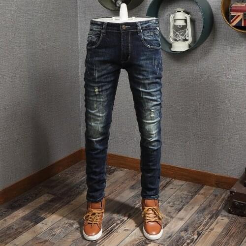 European Vintage Fashion Men Jeans Retro Dark Blue Elastic Slim Fit Ripped Jeans Men Patchwork Designer Cotton Denim Punk Pants