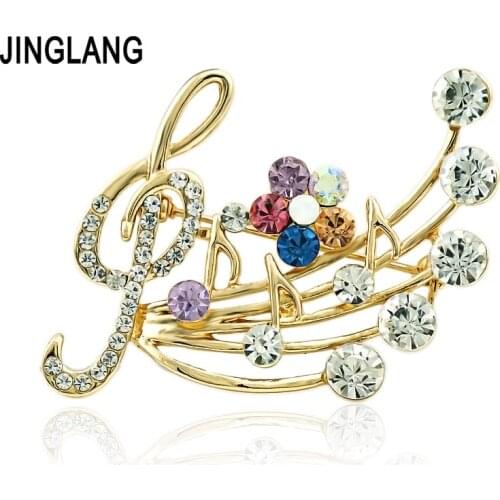 JINGLANG Fashion 2 Color Brooches Pins Multicolor Rhinestone Music Note Brooches For Women Luxury Dress Decoration Jewelry