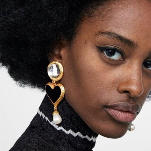 JURAN VINTAGE Heart crystal dangle statement dangle earrings Vintage big black boho za earrings for women ethnic jewelry