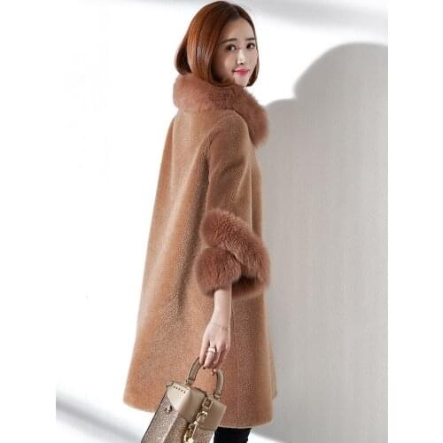 Real Female Sheep Shearling Korean Jackets 2020 Winter Jacket Women Fox Fur Collar Long Wool Coat MY3531