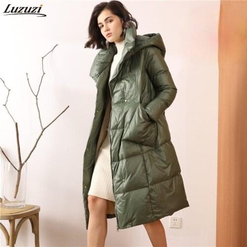 Luzuzi 2021 Winter High Quality Hooded Down Jacket Women Warm Thick Parkas Jacket 90% White Duck Down Coat Casual Snow Outerwear