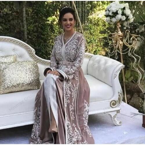 Moroccan Kaftan Caftan Muslim Evening Dresses A-line V-neck Long Sleeve Appliques Beading Dubai Arabic Turkey Abaya Islamic Gown