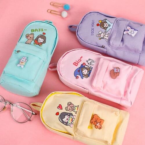 Cute Canvas Pencil Case Large Capacity School Pen Bag Kawaii Storage School Box Pencils Pouch Stationery Pens Holder Gift