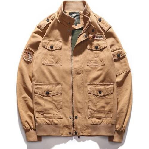 Mens autumn winter khaki stand collar solid color tactical windbreaker pilot biker jacket streetwear men bomber jacket coat man