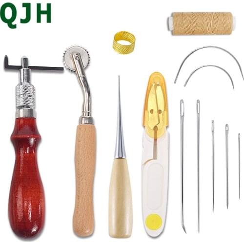 QJH 13 Pieces Hand Leathercraft Tool Set with Needle Leather Waxed Thread Cord Drilling Awl and Thimble for Leather Repair