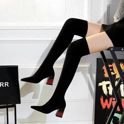 2020 New Flock Leather Women Over The Knee Boots Lace Up Sexy High Heels Autumn Woman Shoes Winter Women Boots