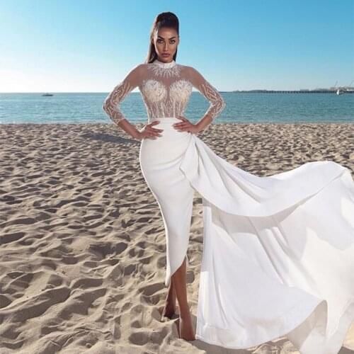 2020 New Arrival High Neck Long Sleeve Heavy Beading Beach Wedding Dress Bridal Gown