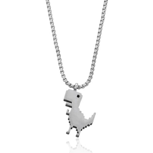 Pixel Games Dinosaur Pendant Necklace Cute Adorkable Cartoon Jewelry Design Silvery Accessories For Youngs Sweater