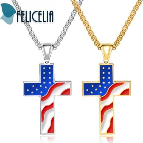 Felicelia Stainless Steel American USA National Flag Cross Pendant Necklace Silver Gold Color Patriotic Gift Religious Jewelry