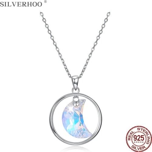 SILVERHOO Women Necklaces 925 Sterling Silver Moon Pendant Necklace Shining Austria Crystal Female Fine Jewelry Anniversary Gift