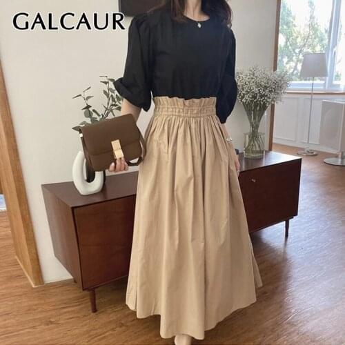 GALCAUR Vintage Patchwork Colorblock Dress For Women Round Collar Half Sleeve High Waist Midi Dresses Female Korean Fashion New