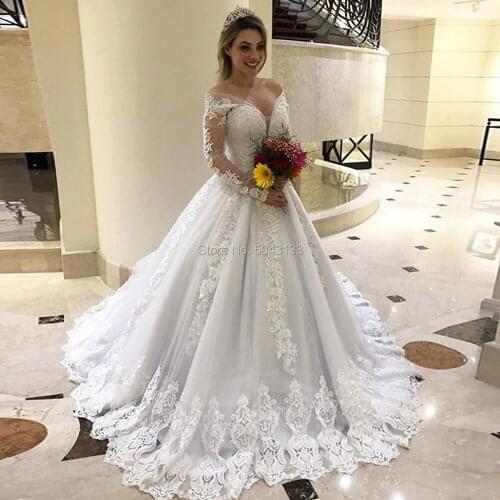 Luxury Appliques Wedding Dresses Sexy V Neck Off The Shoulder Long Sleeve Lace Bridal Dress Unique Tulle Wedding Bride Gown 2020