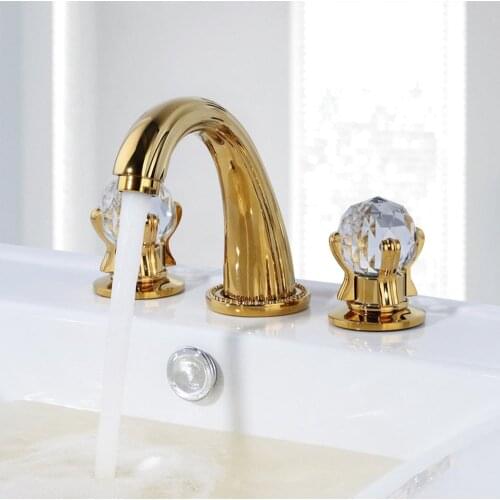 Luxury Gold Finish Bathroom Faucet with Crystal Knobs 3 Holes Bath Sink Waterfall Basin Mixer Tap