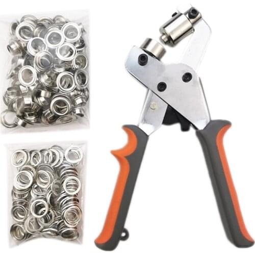 Grommet Handheld Hole Punch Pliers Grommet Machine Hand Press Tool with 100 Silver Grommets of 2/5 Inch (10.5mm)