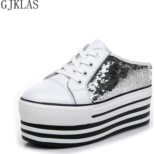 Bling Women Wedge Shoes Platforms Leather Casual Shoes Woman Half Slippers Fashion White Slip on Wedges Shoes for Women Heels
