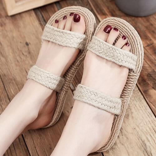 Summer Faux Cane Hemp Women Slippers Outdoor Beach Slides Flat Heel Open Toe Fashion Casual Sandals Leisure Concise Shoes Ladies