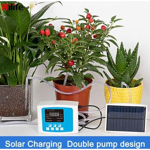 USB Charging Water Timer Solar Energy Drip Irrigation System Double Pump Automatic Watering Device Garden Self-Watering Kit