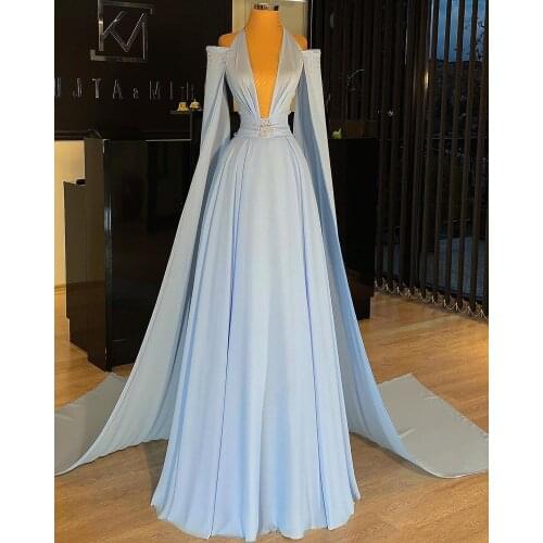 Light Blue Sexy Evening Dress with Cape Sleeve A Line Vintage Arabic Women Evening Gowns Lebanon Design New Arrival avondjurken