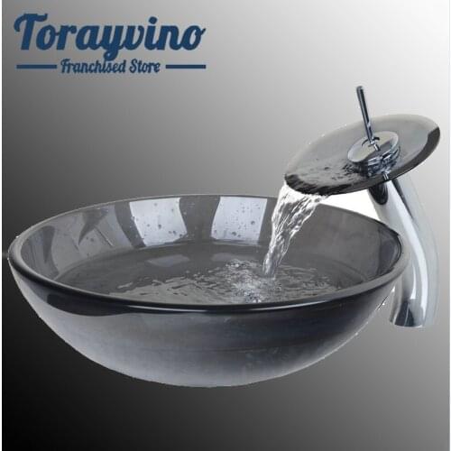 Torayvino Bathroom Black Round Tempered Glass Bathroom Sink Set Transparent Tempered Glass Vessel Sink And Waterfall Faucet