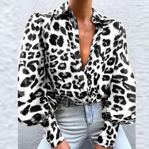 Autumn Leopard Printed Women Blouse Shirts Elegant Turn-down Collar Button Office Lady Tops Spring Lantern Sleeve Retro Shirts