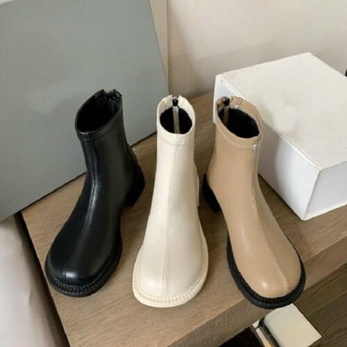 ZawsThia Round Toe Leisure Womens Boots Chunky Low Heels Nude Color Zipper Back Luxury Brand Ankle Chelsea Boots Small Size 33