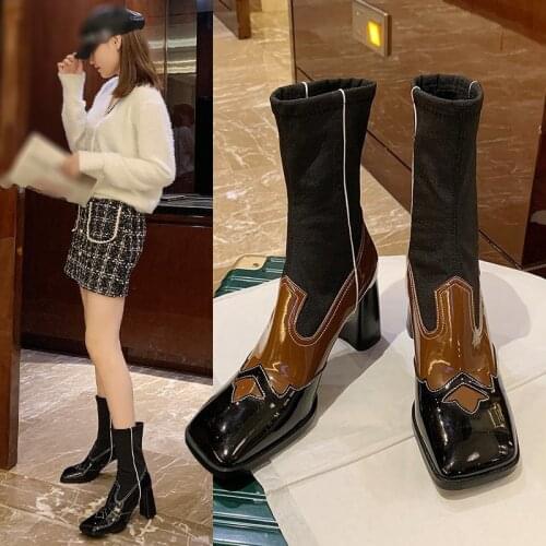 Womens High-heeled Boots with Carved Patterns, Color-mixed Spliced Fashion Sock Boots, Elastic Mid-calf Boots (Patent Leather)