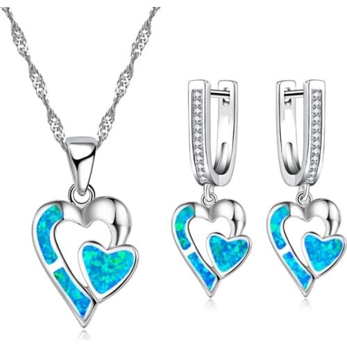 Fashion Romantic Double Heart Accessories Set For Women Imitation Blue Fire Opal Pendant Necklace Earrings Women Wedding Jewelry