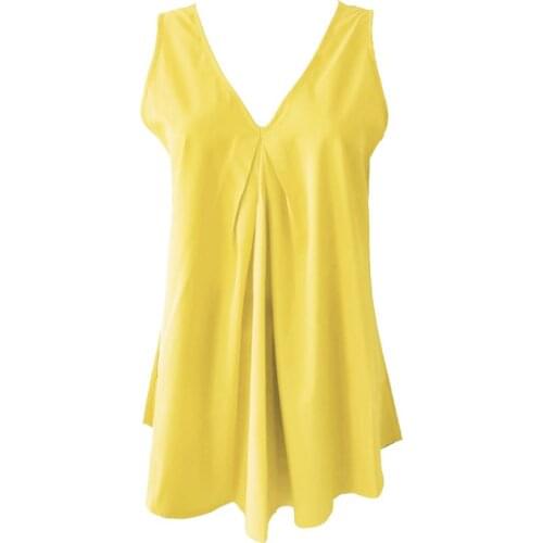 Women Sleeveless Chiffon Tank Top Pleated Drape V-Neck Swing Tunic Shirts Vest