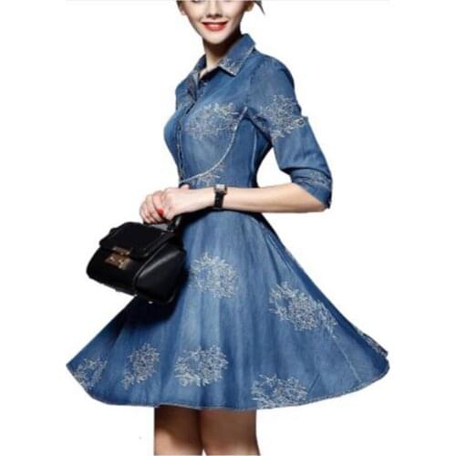 New Spring Autumn Women Plus Size Denim Dress Adjustable Sleeves Embroidered Short Jean Cowboy Dress 4xl 5xl Jurken Grote Maten