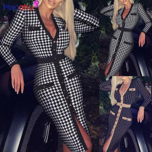 HAOOHU Women Retro Houndstooth Printed Slim Bodycon Dress Sexy Deep V Neck Button Party Dress Office Lady Spring Dresses Vestido
