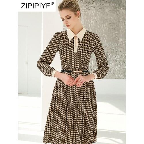 2021 Summer Runway Fashion Euro Style Long Sleeve Polo Neck Floral Printing Ball Gown Knee Length Mid Waist Lady Dresses Z026
