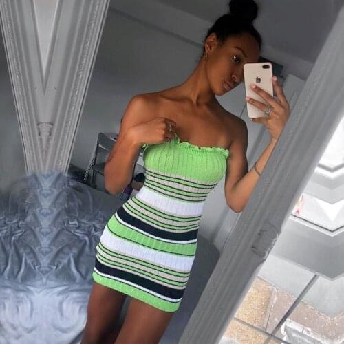 2021 New Autumn Rainbow Striped Women Fashion Patchwork Color Ruffles Dress Sexy Strapless Bodycon Knitted Party Mini Dress