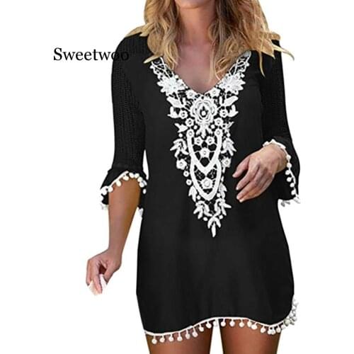 2020 Summer Swimwear Lace Patchwork Hollow Beach Dress Women Trim Tassel Beach Cover Up Beach
