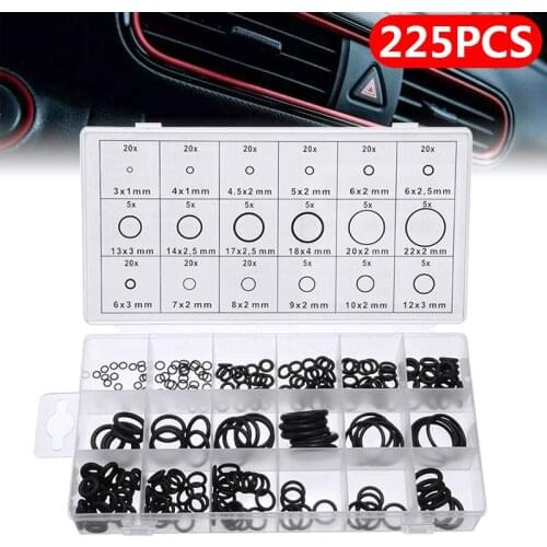 225 Pcs Car A/C Rubber O Ring Seal Gasket Sealing Washer Assort Kit Assortment Different Size with Plactic Box