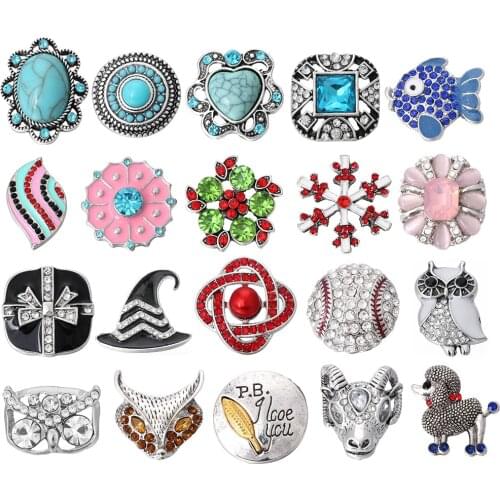 5pcs/lot New 20 Style Snap Jewelry Heart Flowers Fish Baseball Owl Snaps 18mm Snap Buttons Fit Snap Bracelet DIY Charms Jewelry