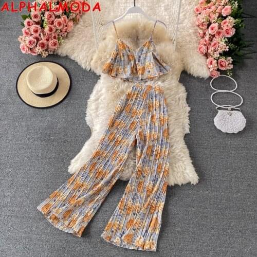ALPHALMODA 2021 Summer Floral Suspender Chiffon Crop Top Wide Leg Pants Women Casual 2pcs Suit Holiday Beach Casual Boho Suits