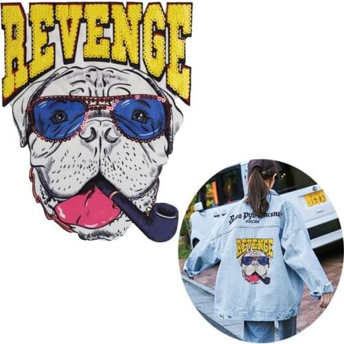 1pcs Letter Smoking Dog Sequin Applique Embroidered Patch Stickers Cloth Fabric Clothes Patches Decoration Sequined Parches