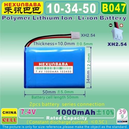 [B047] 7.4V 1000mAh [103450] XH2.54 2P;Polymer Li-ion battery for SATLINK TV Digital Satellite Finder Meter WS-6933, WS-6923