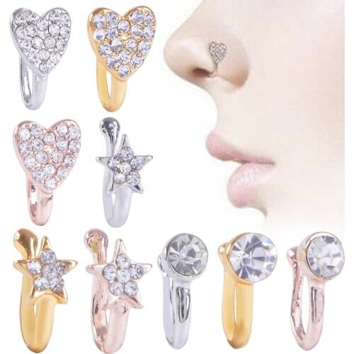 Glitter Clip-On Fake Nose Ring Clamp NonPiercing Crystal Hanger Hoop Jewelry Gold Heart
