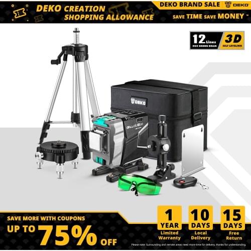 DEKO DKLL12tdP02 Series 12 Lines 3D Green Laser Level Horizontal&Vertical Cross Lines With Auto Self-Leveling, High-Precision