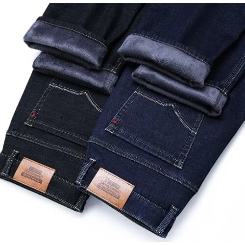 MenS Winter Fleece Warm Jeans Korean Business Casual Stretch Straight Denim Trousers Male Classic Brand Plus Velvet Thick Pants
