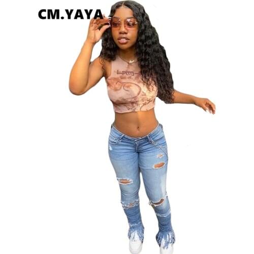 CM.YAYA Women Jeans Solid Low Waist Ripped Distressed Tassle Long Pencil Denim Pants Sexy Fashion Streetwear Summer Trousers