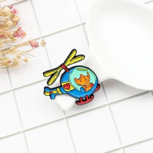 Helicopter cat Enamel Brooch Blue cartoon plane Lovely animals kitten Lapel Pin Backpack jackets custom Badge