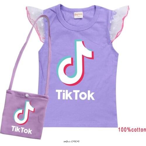 Tik Tok Printed Summer Vest T Shirt with White Tulle Mesh Sleeve for Girls Children Tops Tees +Bag Casual Cotton Clothes