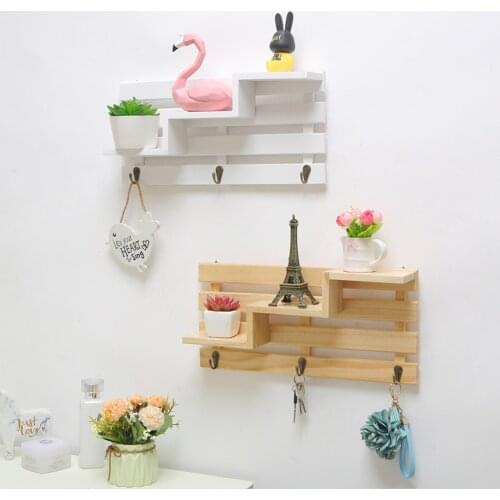 Punch-free Wall Hanging Wood Key Hanger Holder Coat Hook Hallway Home Space Saving Small Bedroom Door Back Decorative Room